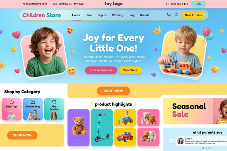 Colorful Children Store E-Commerce Website UI Using HTML, Tailwind CSS & JavaScript