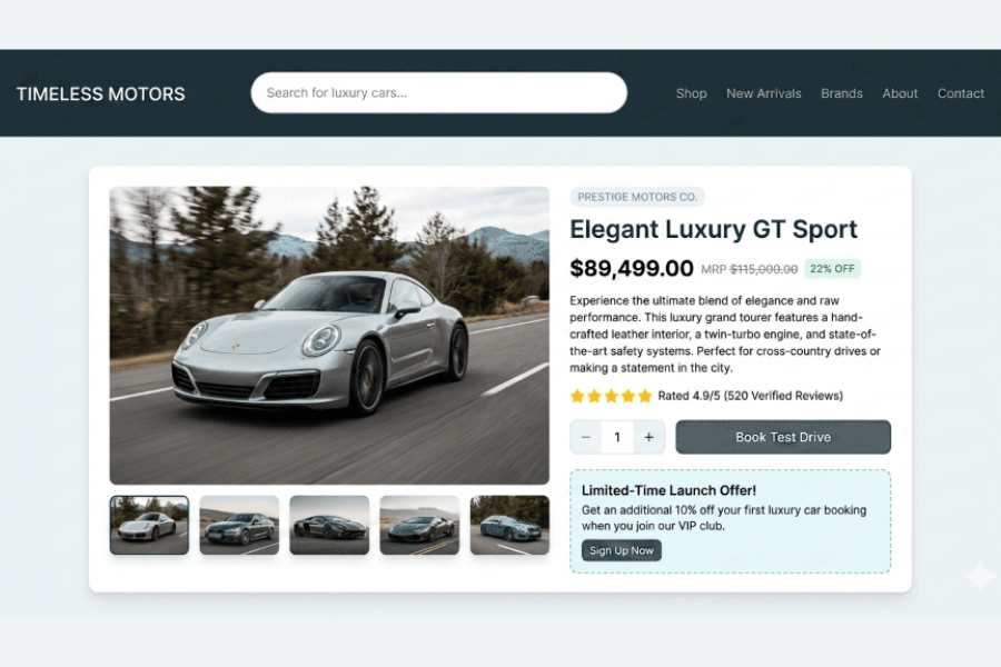 Timeless Motors - Luxury Car Display Built in HTML, CSS and JavaScript.