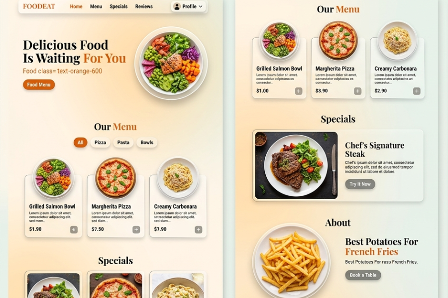 Modern Food Restaurant Website UI Using HTML, Tailwind CSS & JavaScript