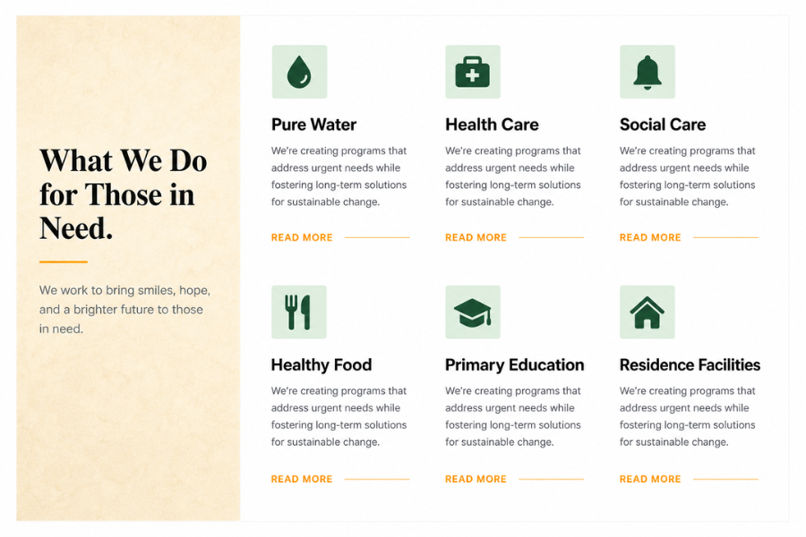 NGO Services Section Design Using HTML, Tailwind CSS & JavaScript