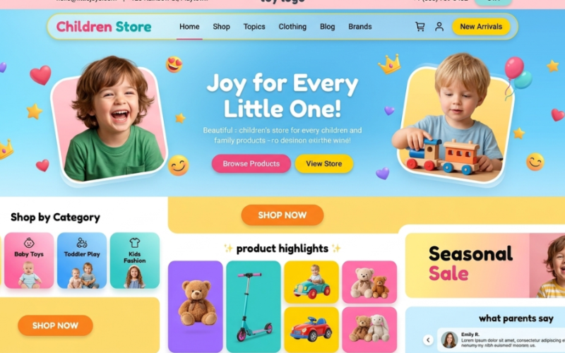 Colorful Children Store E-Commerce Website UI Using HTML, Tailwind CSS & JavaScript