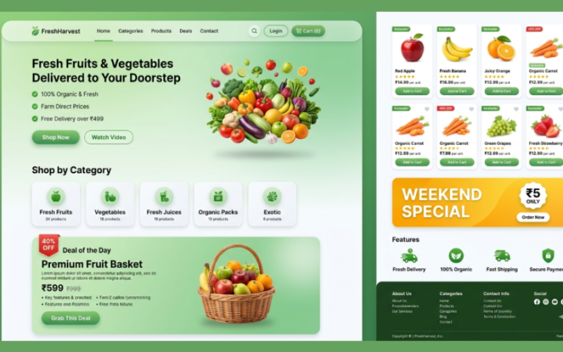 FreshHarvest – A Modern Organic Grocery E-Commerce Website Built with HTML, CSS & JavaScript
