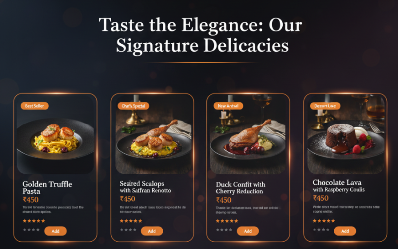 High-quality Food Card UI Designing with Dark Luxury Style (CSS, HTML)