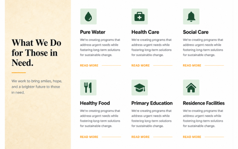 NGO Services Section Design Using HTML, Tailwind CSS & JavaScript