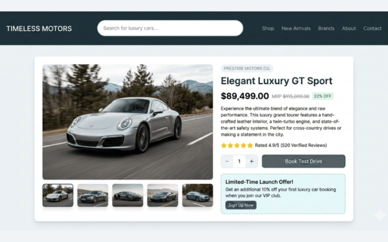 Timeless Motors - Luxury Car Display Built in HTML, CSS and JavaScript.
